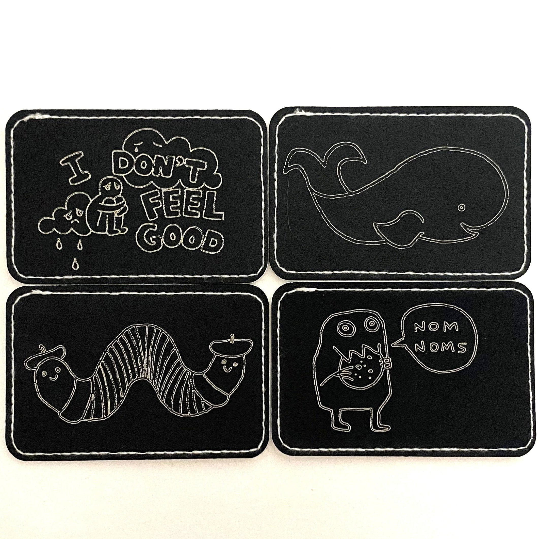 Set of four black and white illustrated stickers on a gradient background